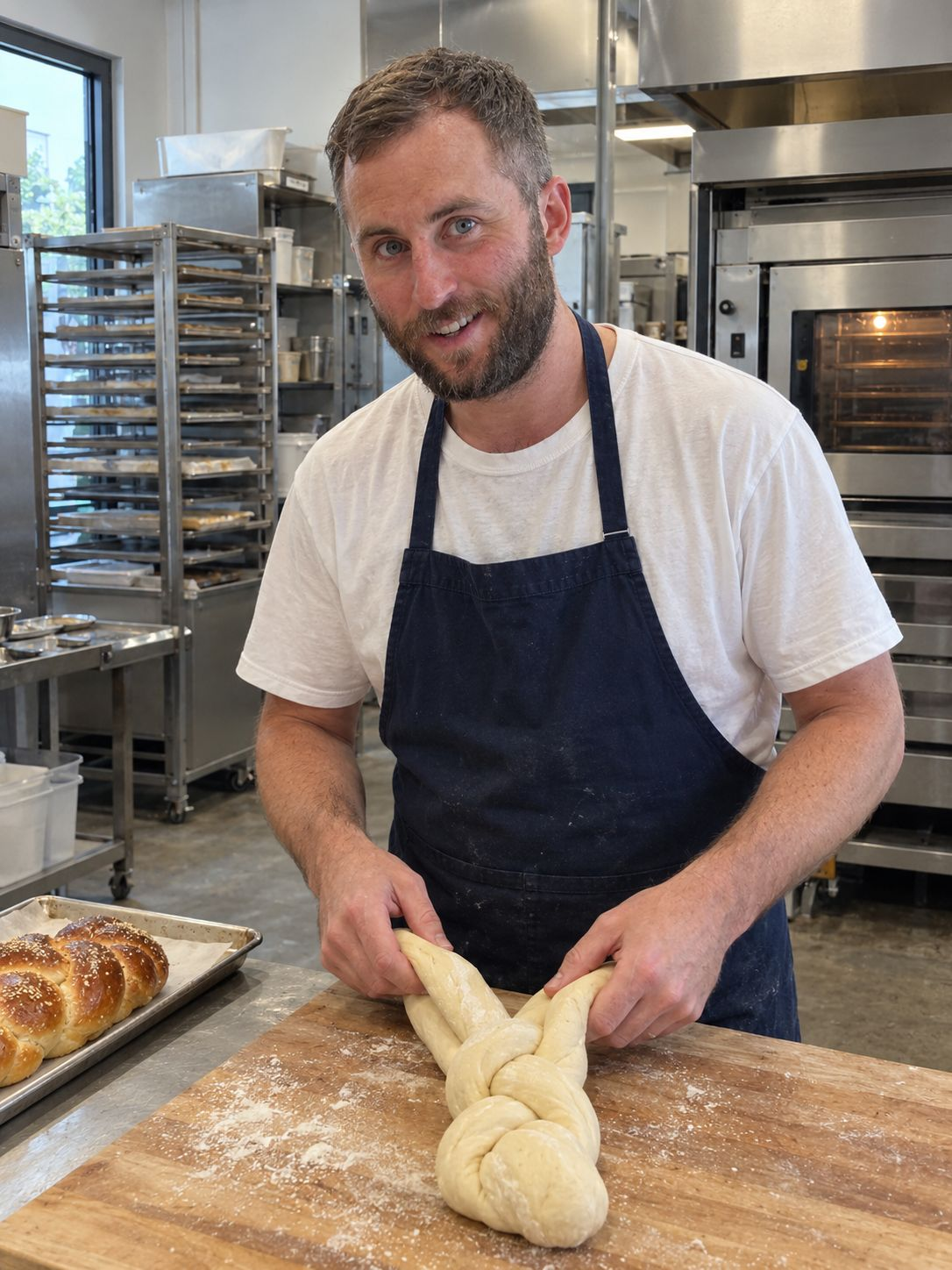 Chaim braiding challah by hand in the bakery